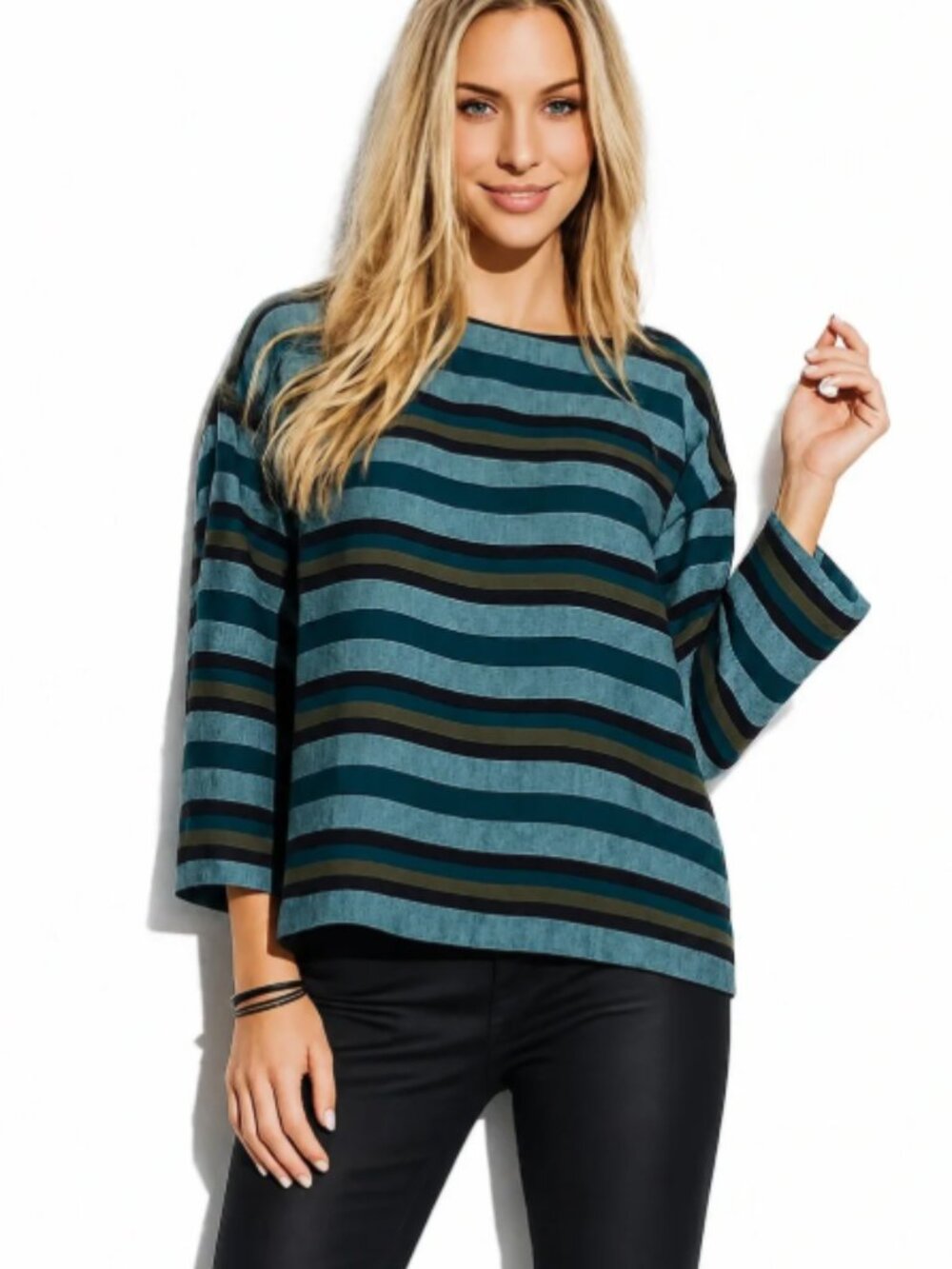 Eileen Fisher Teal Multi Stripe Organic Linen Bateau Neck Top Size 2X lagen look